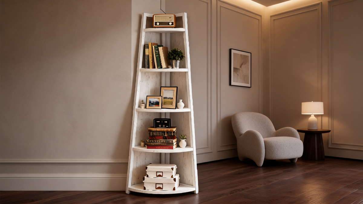 White five tier corner shelf whose shelves widen with every step down