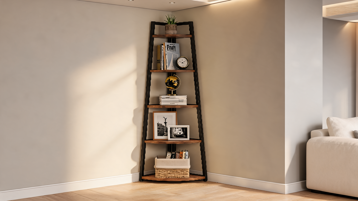 Black and brown five tier corner shelf filling an unused inside corner