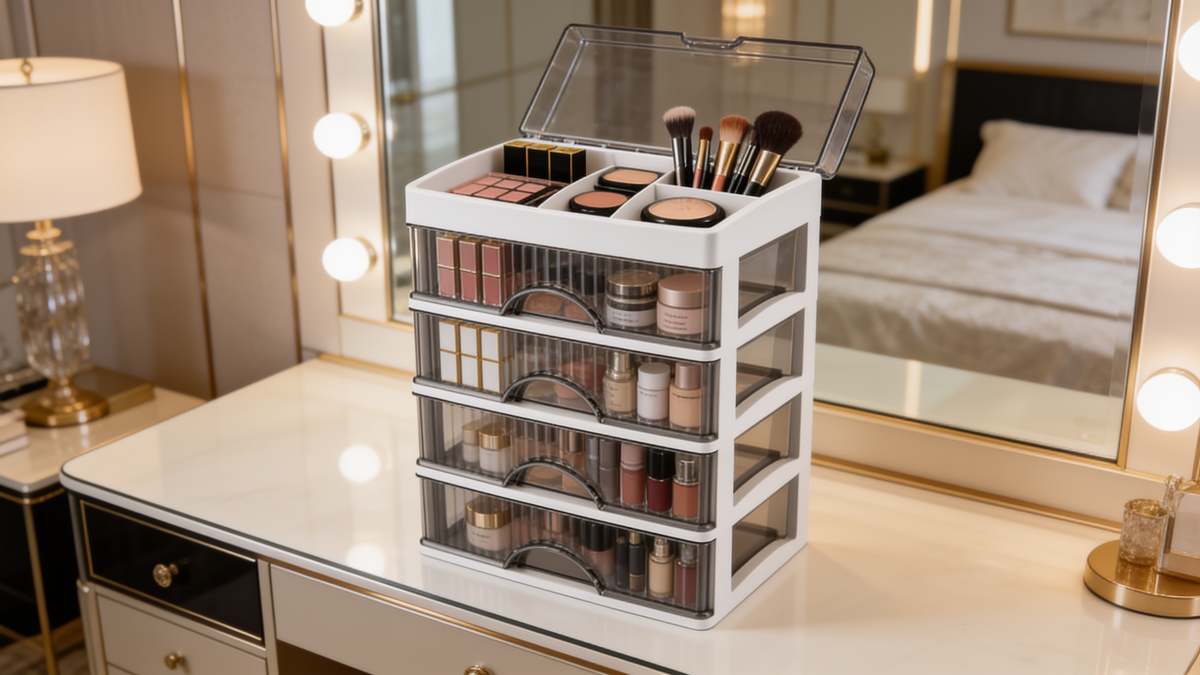 Clear makeup organizer with four closed drawers showing the contents inside