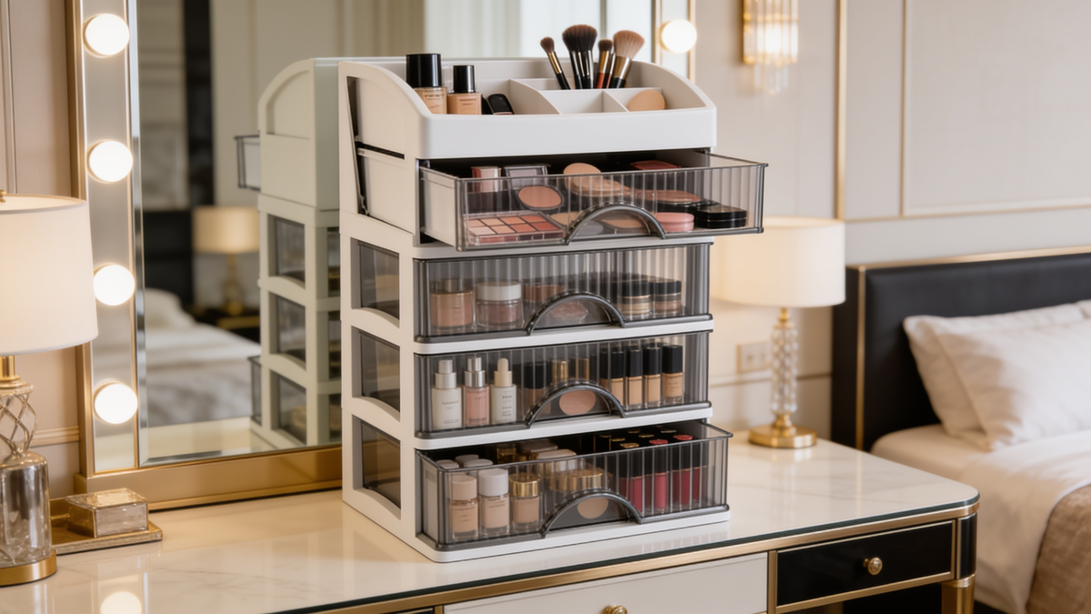 Divided top tray of the makeup organizer holding brushes and bottles