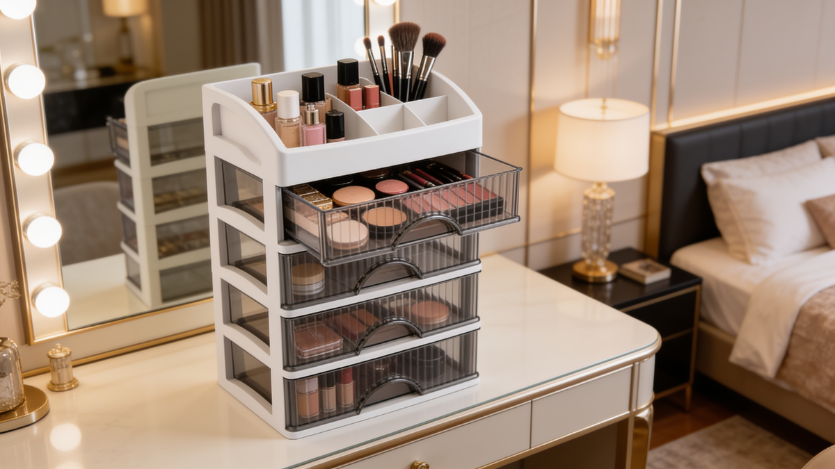 Tall makeup organizer on a vanity with one clear drawer pulled open