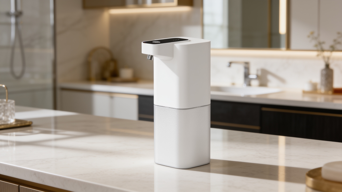 Touchless foaming soap dispenser on a bathroom vanity