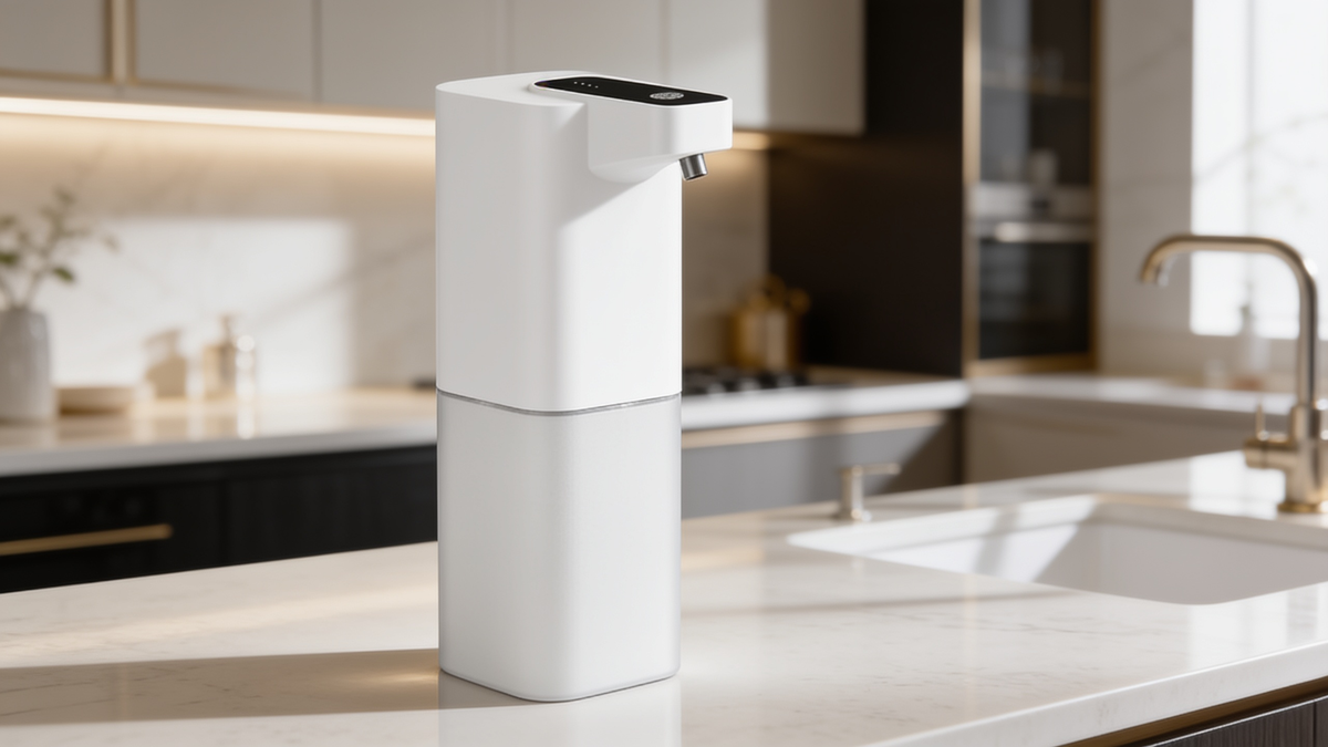 Automatic soap dispenser beside a kitchen sink