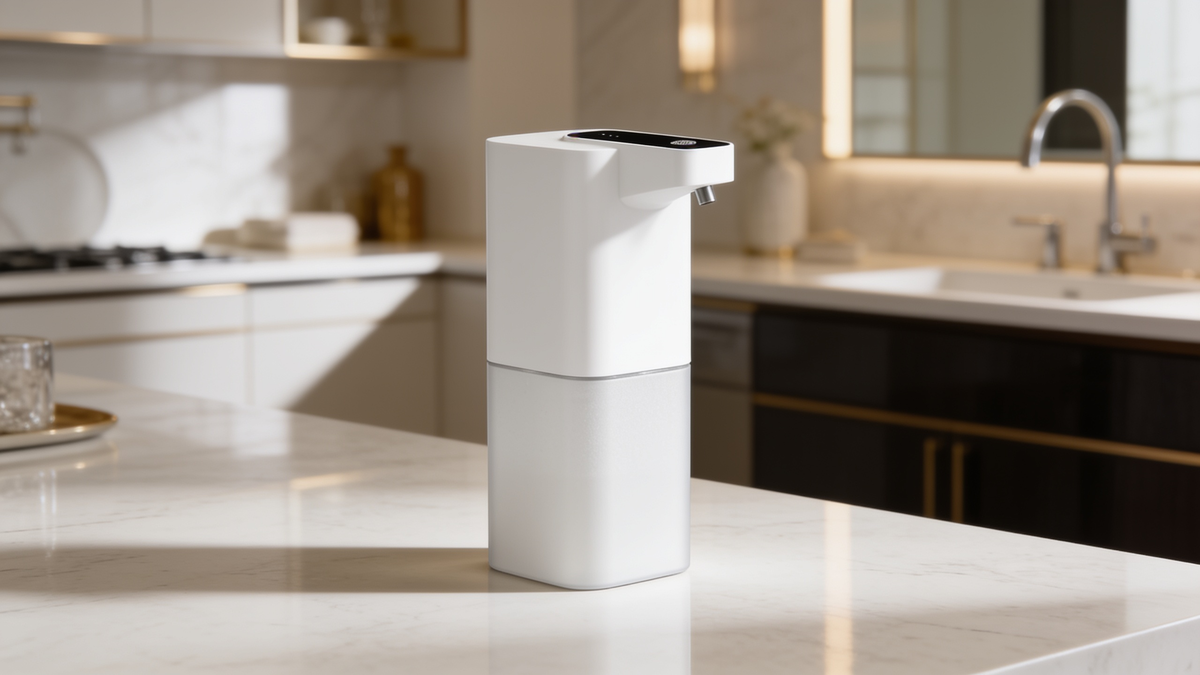 White foaming soap dispenser on a marble kitchen island