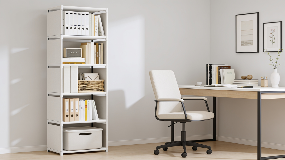 Folding fabric bookcase showing the metal frame beneath its fabric shelves