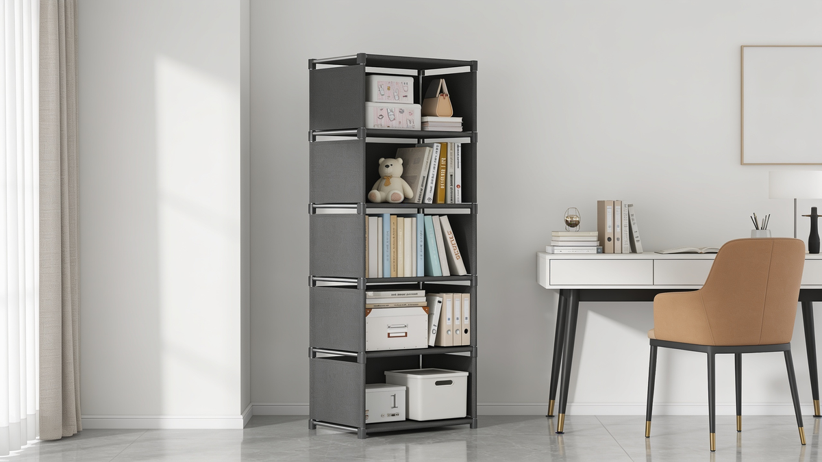 Folding fabric bookcase open on every side, loaded with books and boxes