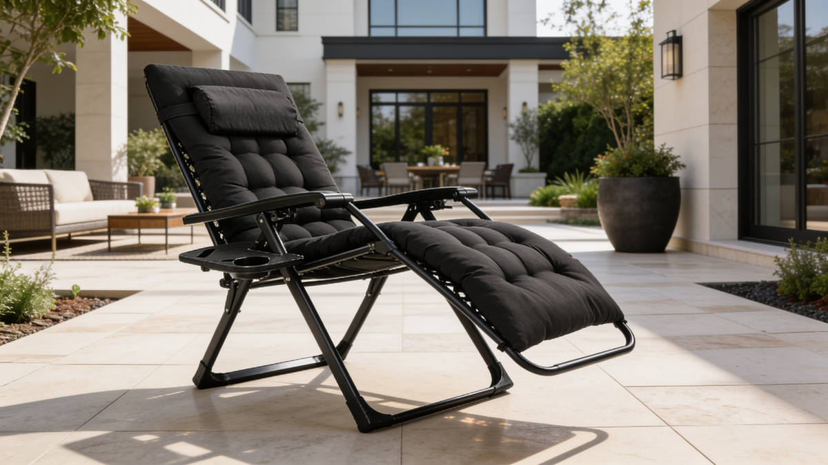 Folding rocking lounge chair with mesh back rocking gently on a patio