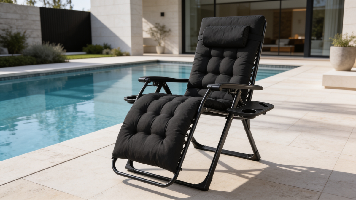 Folding rocking chair with crossed steel base and carry handle ready to store