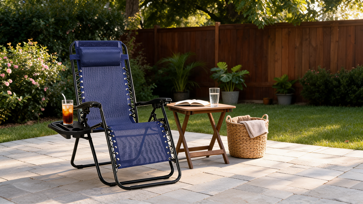 Textilene zero gravity lounge chair with padded headrest folded down for travel