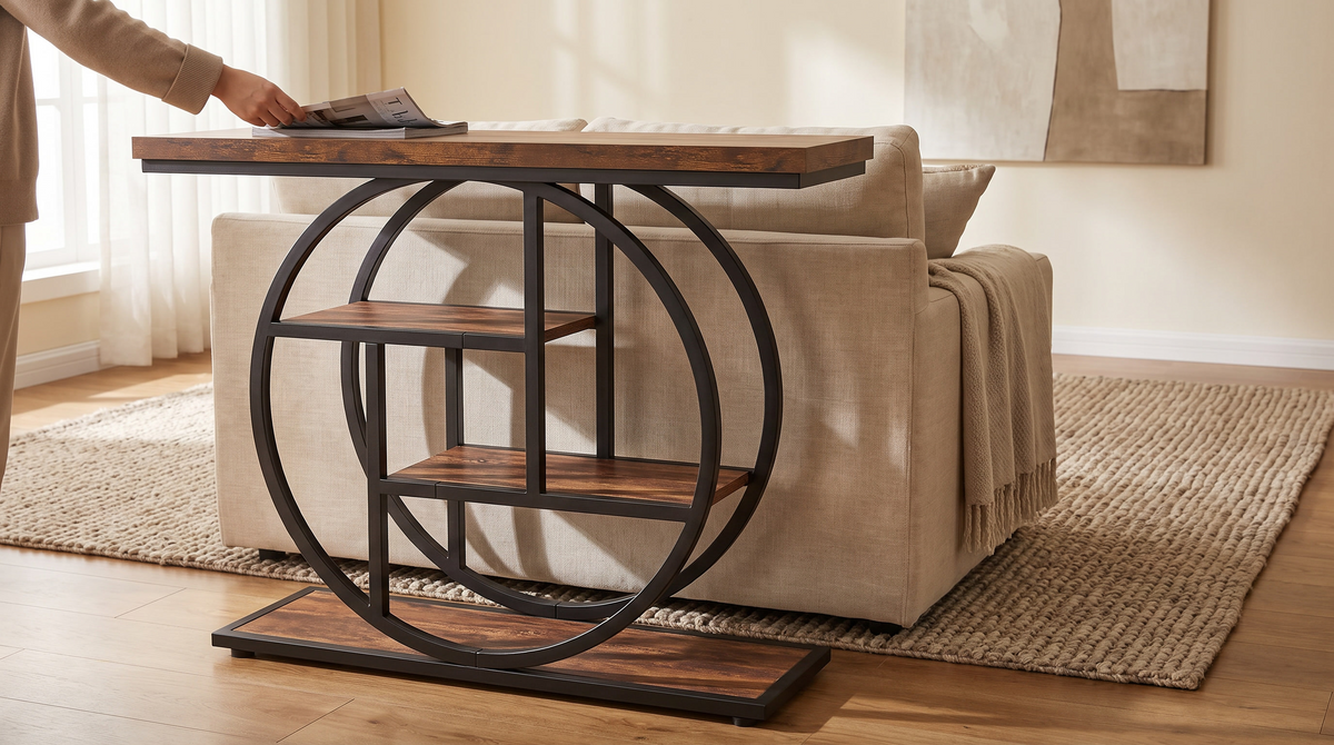 Four tier console table on a metal ring frame styled in an entryway
