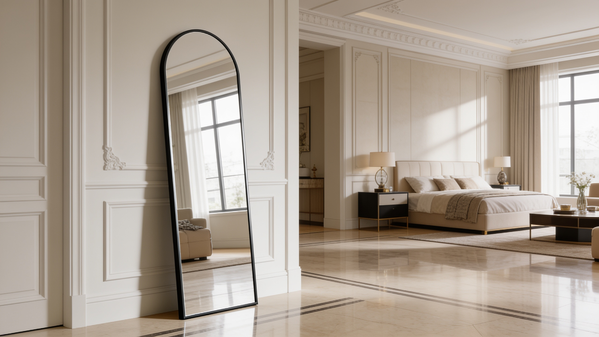 Black arched full length mirror leaning against a bedroom wall