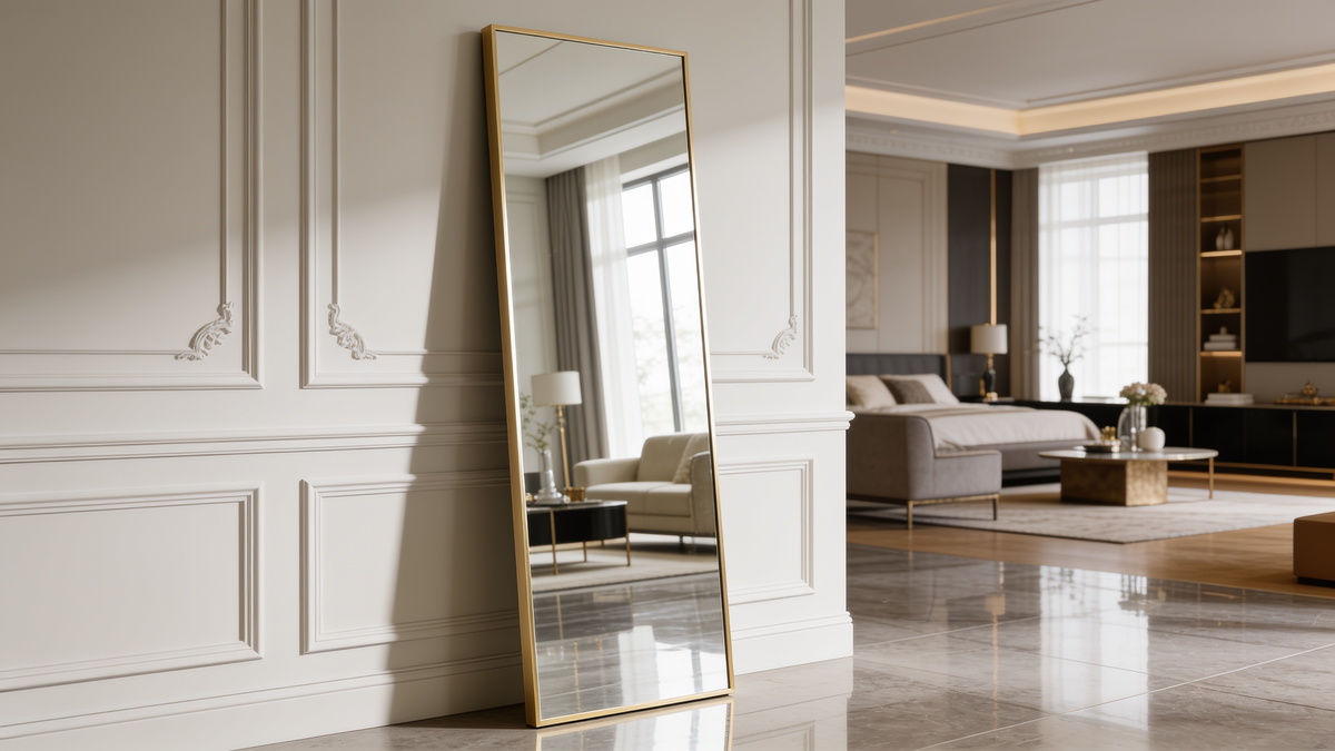Gold rectangular full length mirror leaning against a living room wall