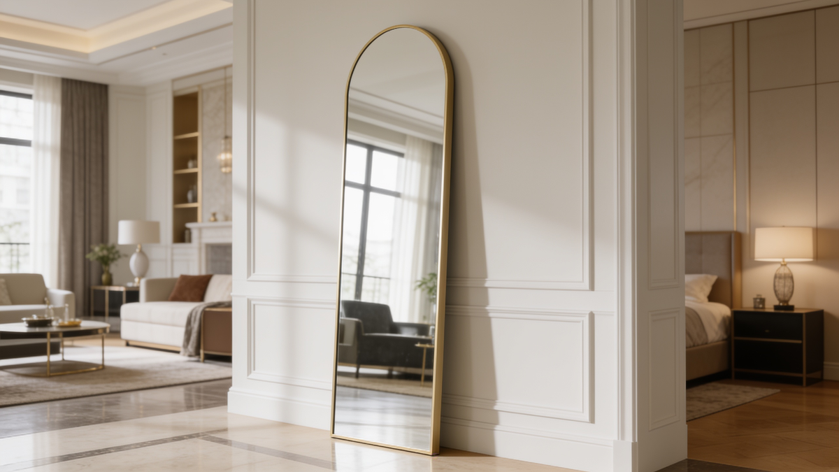 Gold arched full length mirror leaning against a wall in an open plan room