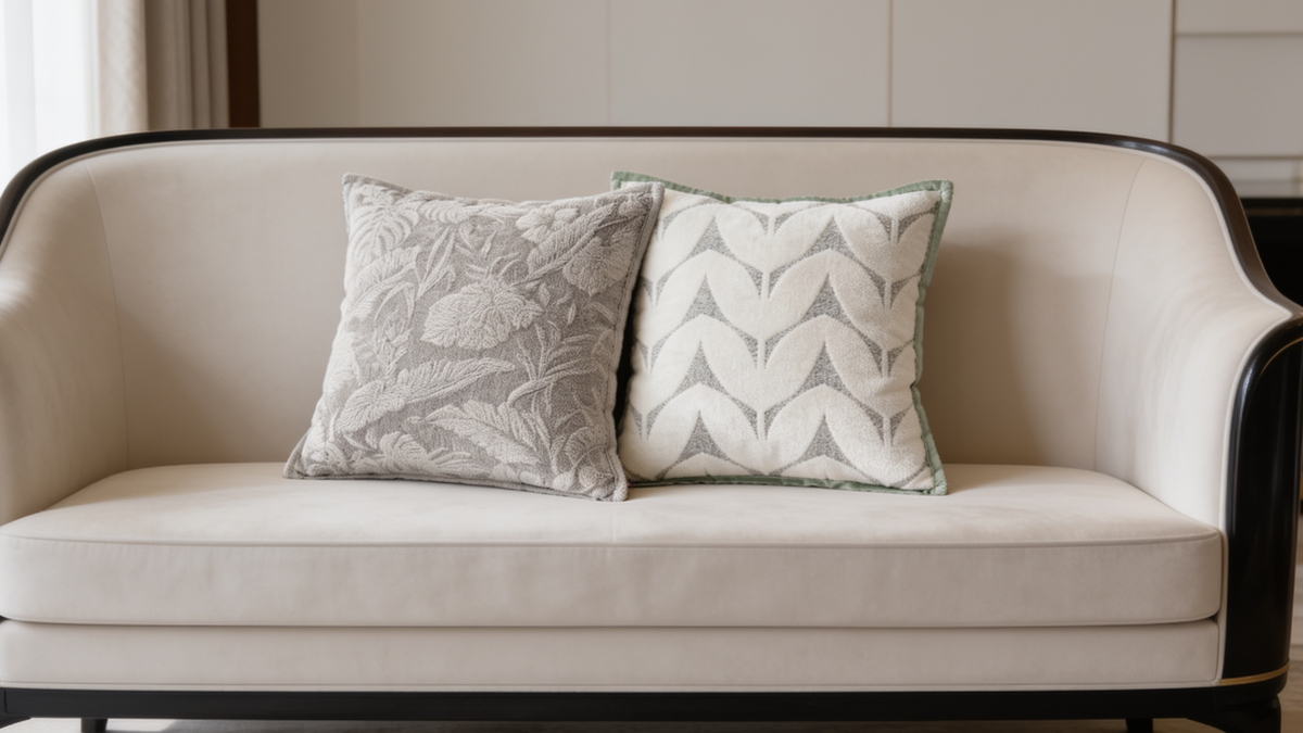 Gray and blue chenille pillow covers with pale cream motifs on a cream couch
