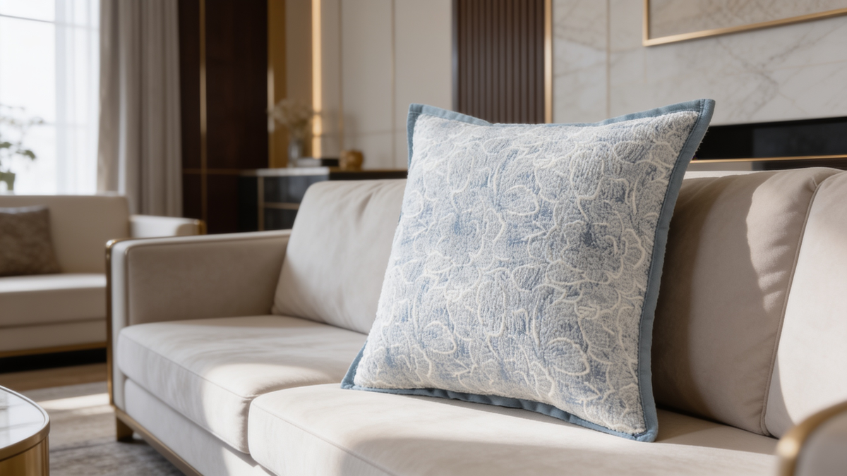Cool toned chenille cushion covers, two gray grounds and two blue grounds together