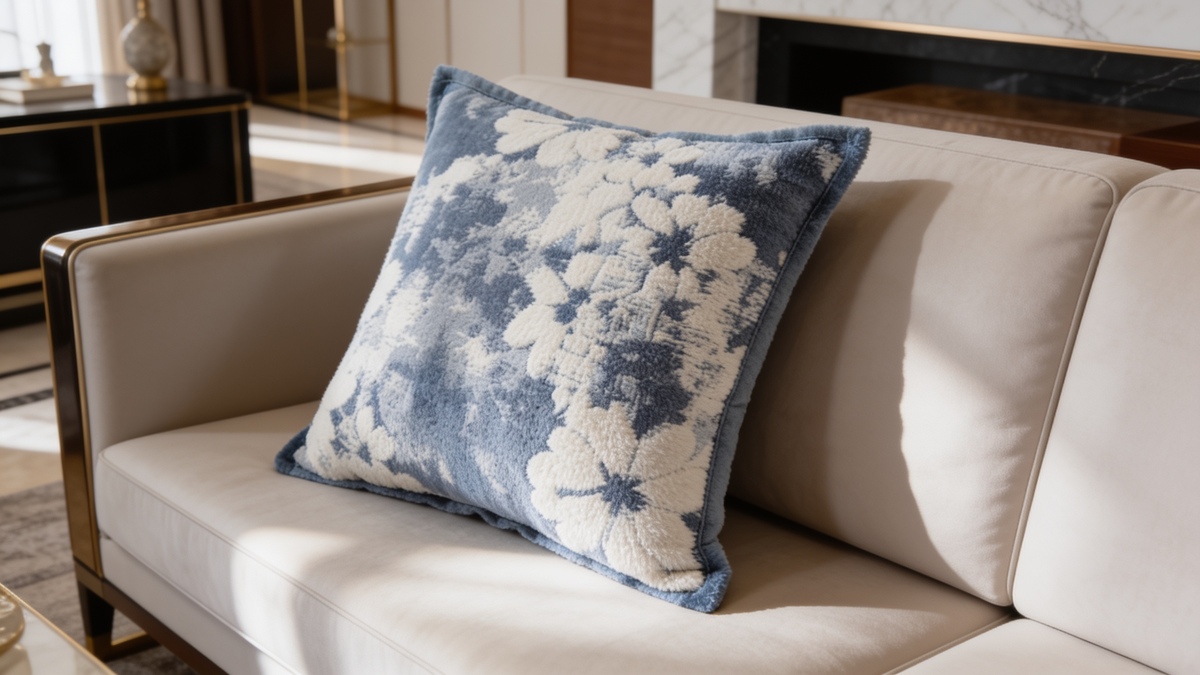 Gray and blue chenille pillow covers layered in three sizes in a couch corner