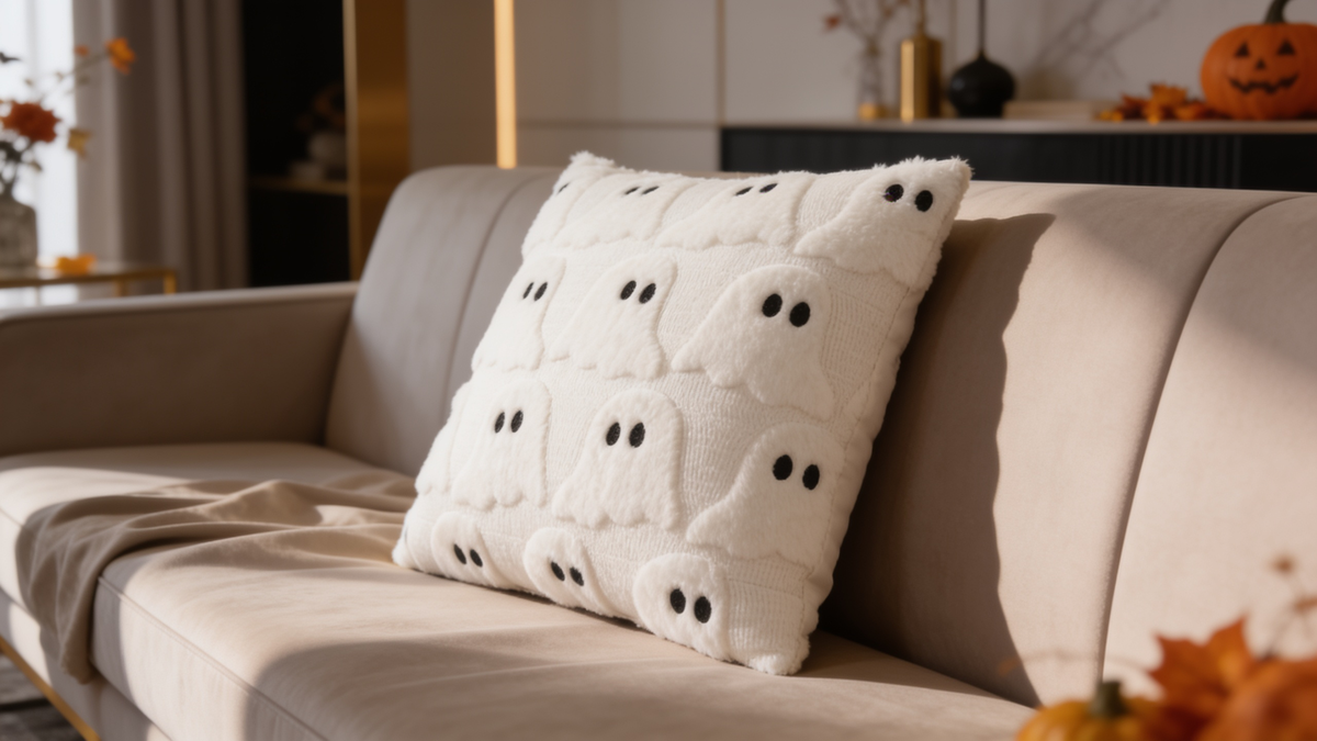 Cream quilted plush ghost cushion resting on a sofa