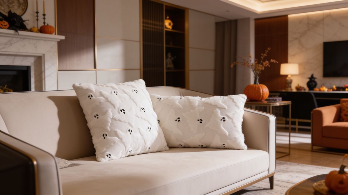 Two cream ghost cushions on a sofa in a living room dressed for autumn