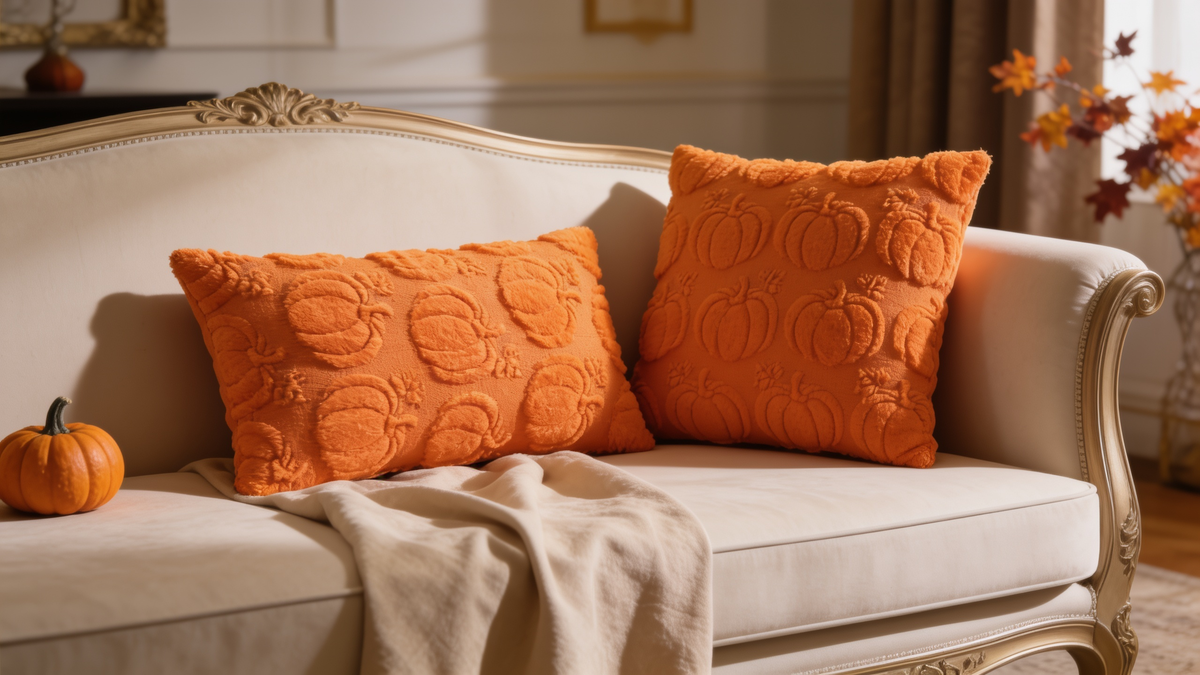 Square and lumbar orange pumpkin cushions side by side on a sofa