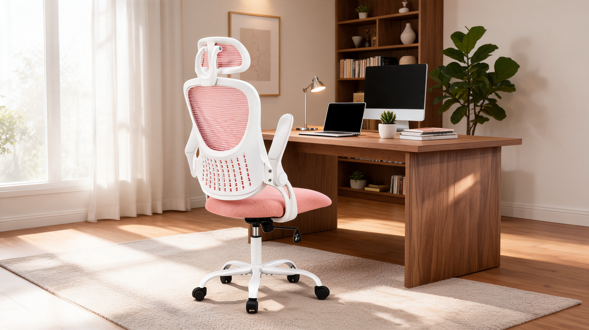 Mesh office chair reclined toward its 144 degree limit