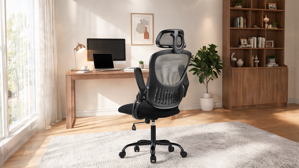Flip up armrests raised so the office chair tucks under a desk