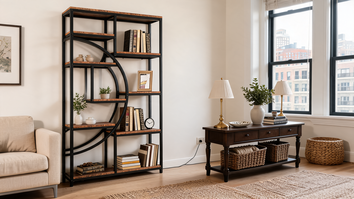 Industrial etagere shelving with books and plants