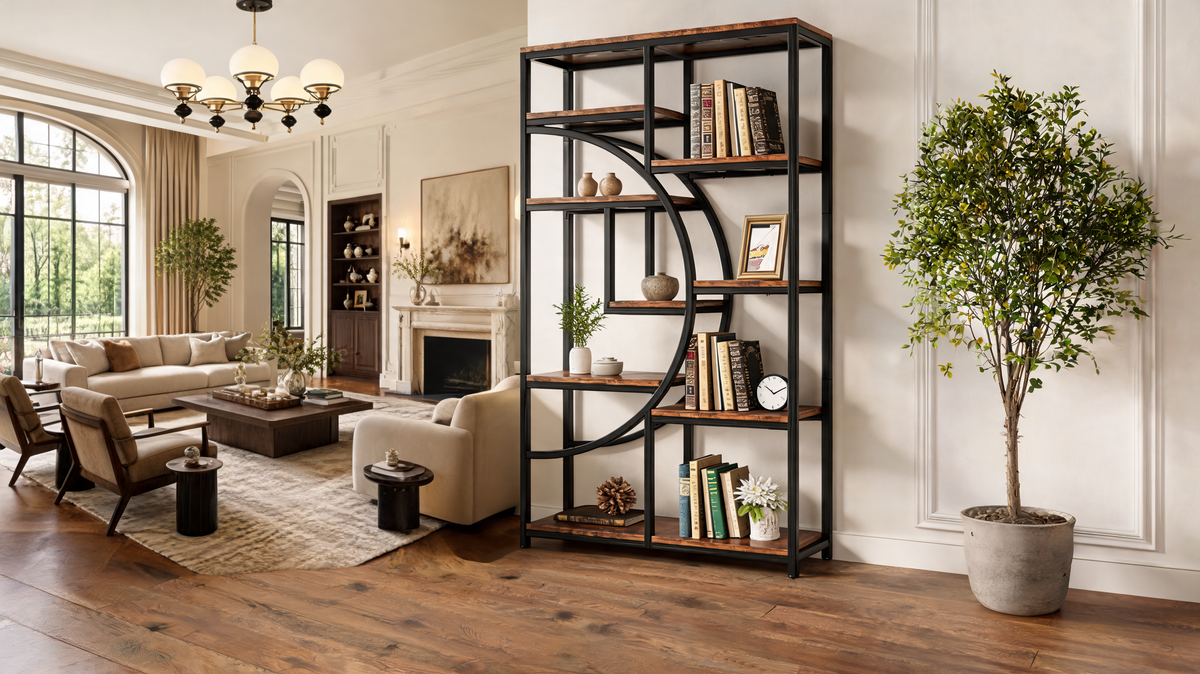 Industrial etagere styled against a wall
