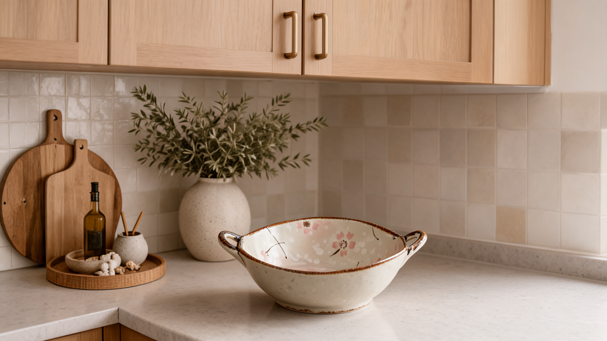 Pink floral glazed pottery ramen bowl on a light wood and stone kitchen counter with olive sprigs behind