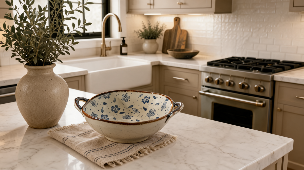 Blue floral glazed pottery ramen bowl on a striped linen napkin on a marble kitchen island