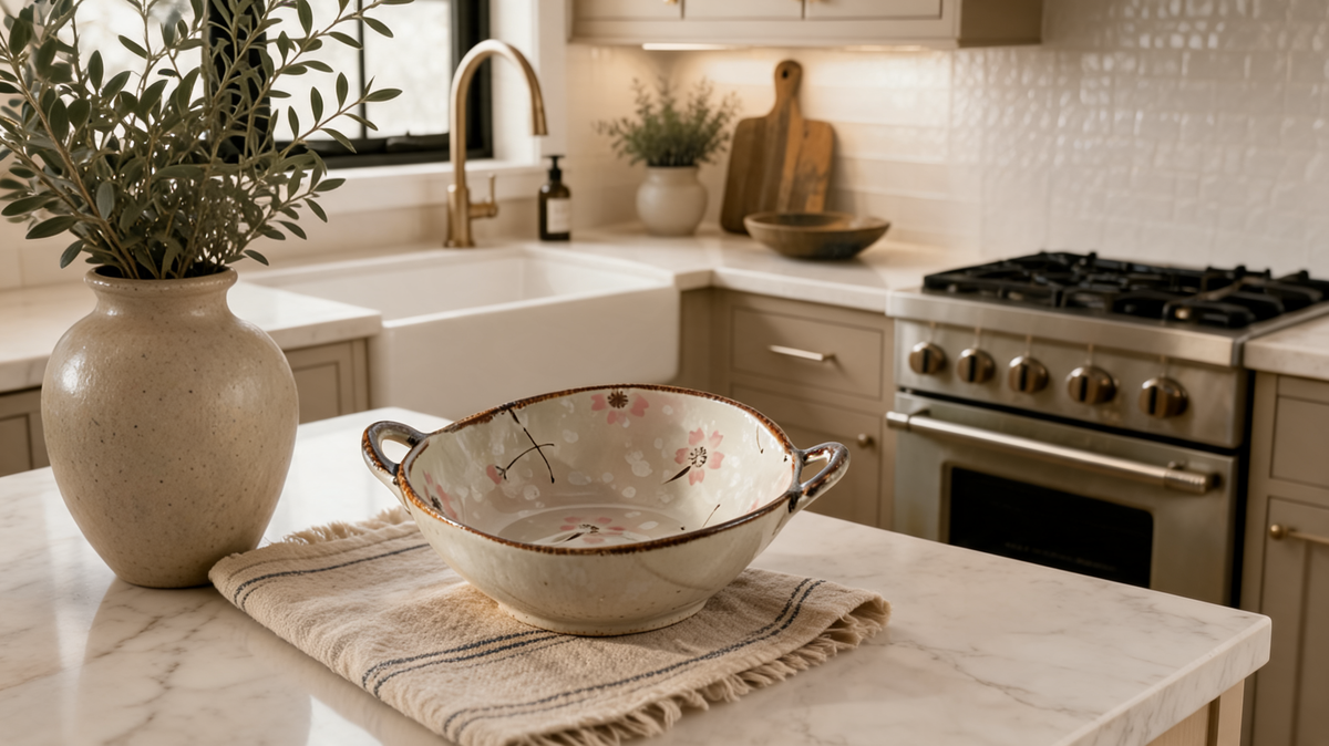Pink floral glazed pottery ramen bowl on a striped linen napkin with a range and farmhouse sink behind