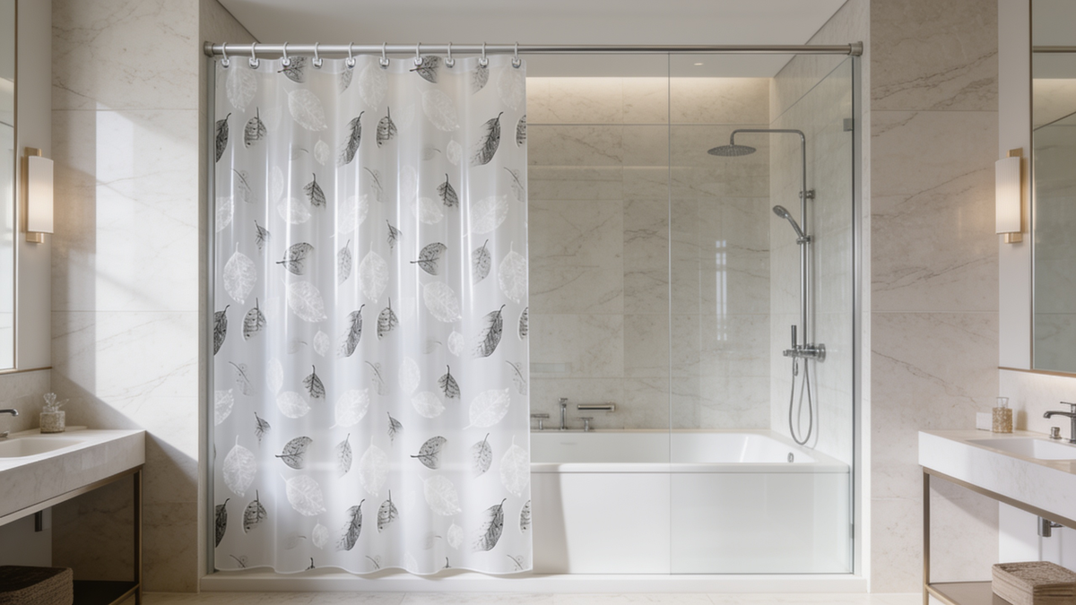Leaf print semi transparent shower curtain hanging in a bathroom