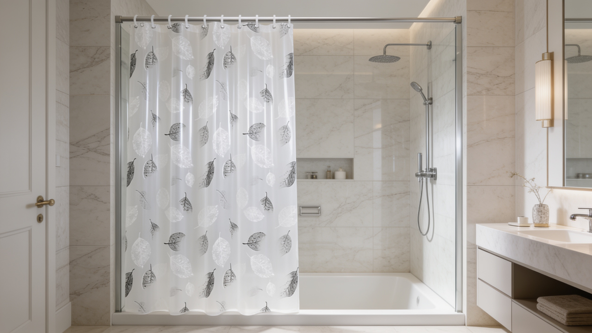 Leaf pattern bath curtain liner across a tub