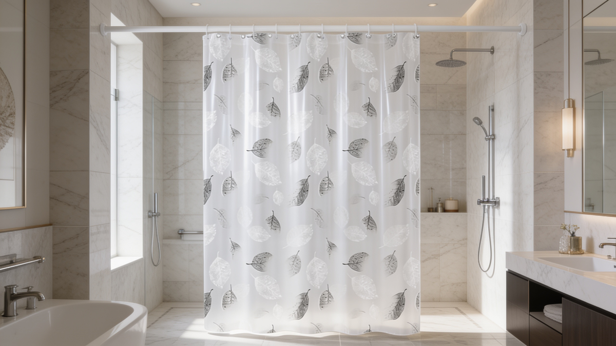 Close view of the leaf print and hook holes on a shower curtain