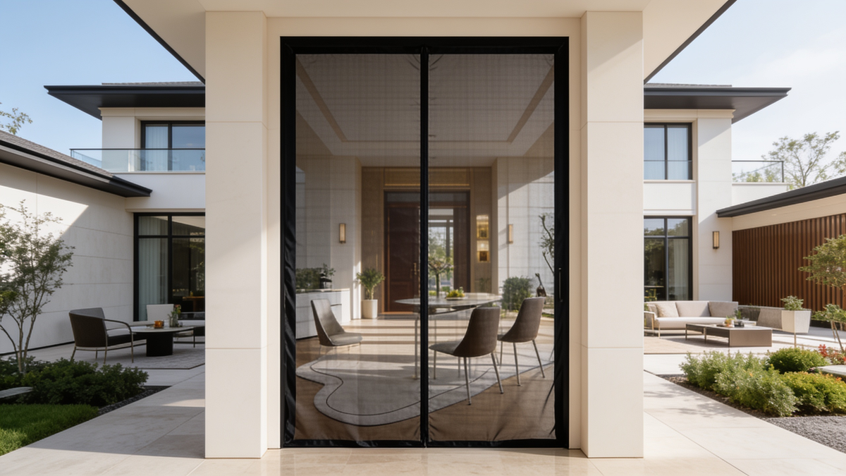 Black magnetic mesh door screen fitted in an open doorway