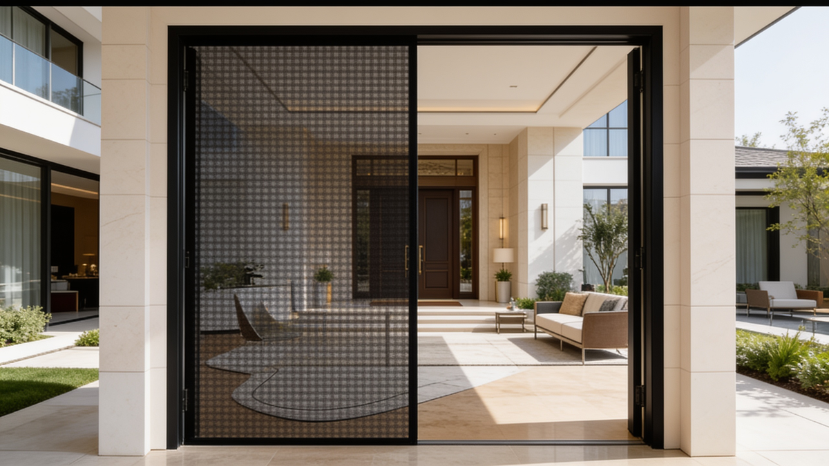 Magnetic door screen curtain in use at a home entrance