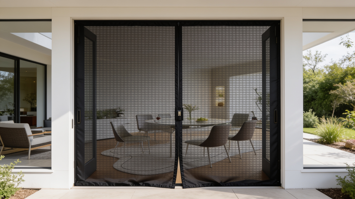 Close view of the mesh and magnetic closure on a door screen