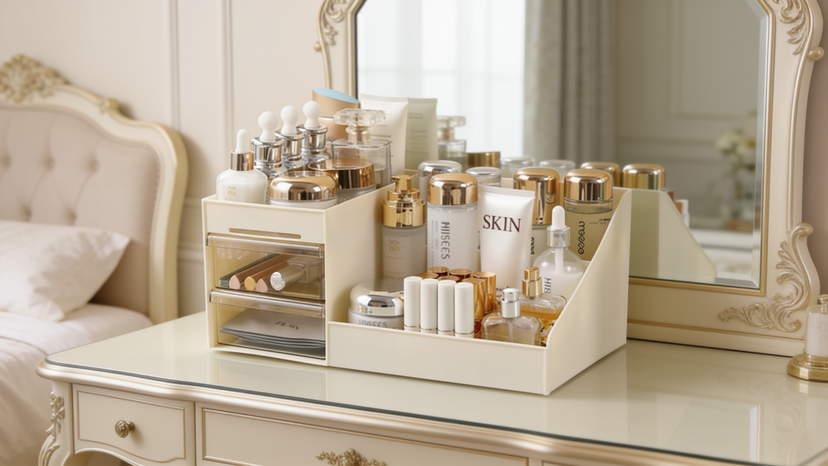 Clear drawer makeup organizer box on a dressing table