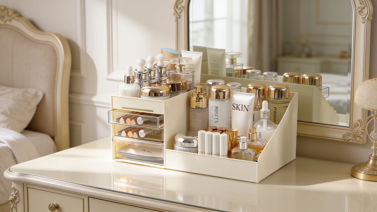 Transparent cosmetics storage box with an open drawer