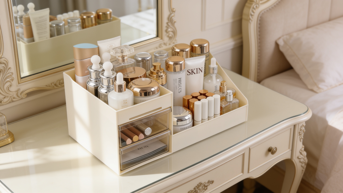 Plastic skincare organizer holding bottles and brushes