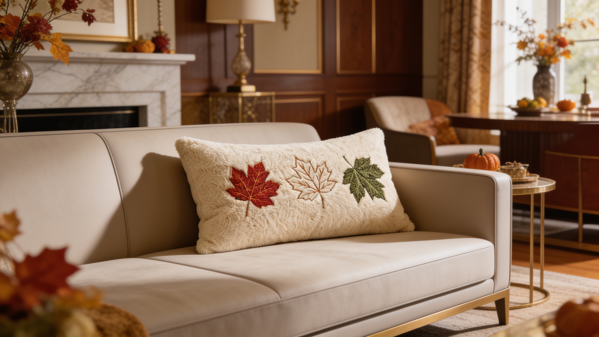 Maple leaf jacquard lumbar pillow cover on a cream sofa