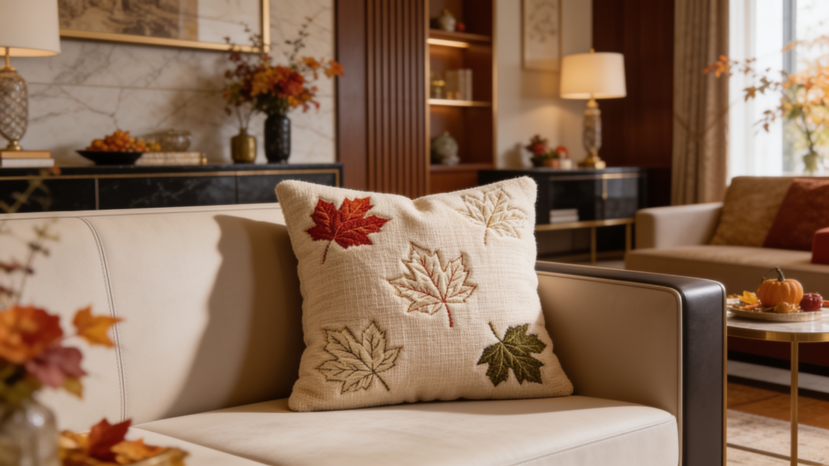 Woven maple leaves raised across a jacquard cushion cover
