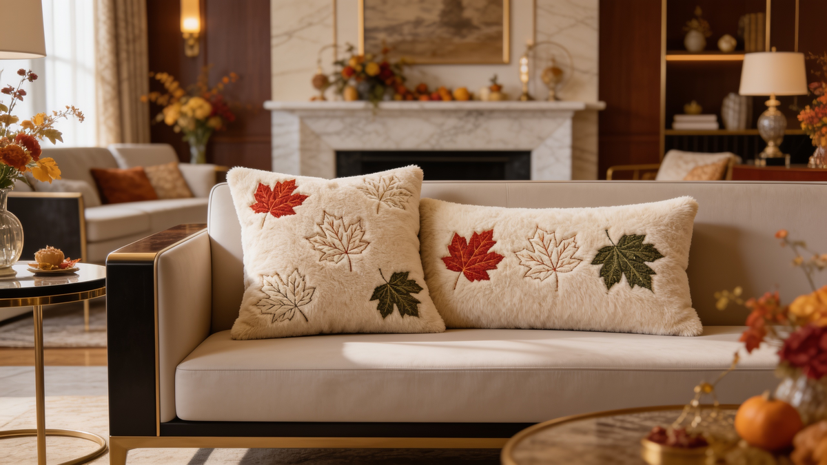 Square and lumbar maple leaf jacquard pillow covers together