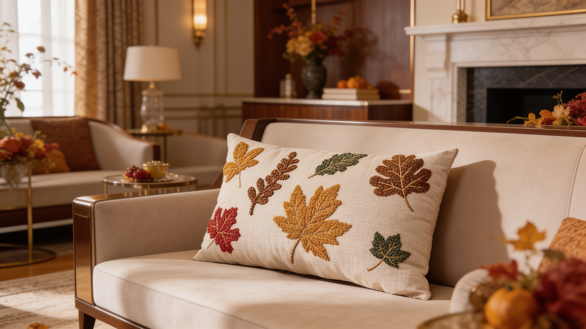 Maple leaf tufted velvet pillow cover on a cream settee