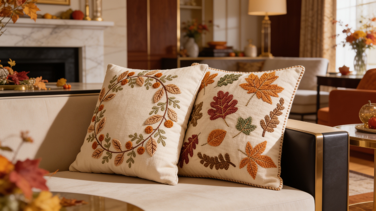 Raised tufted autumn leaves catching the light on a velvet cushion cover