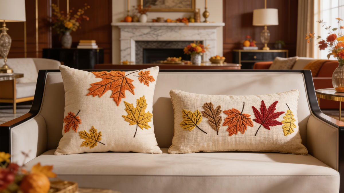 Square and lumbar maple leaf velvet pillow covers side by side