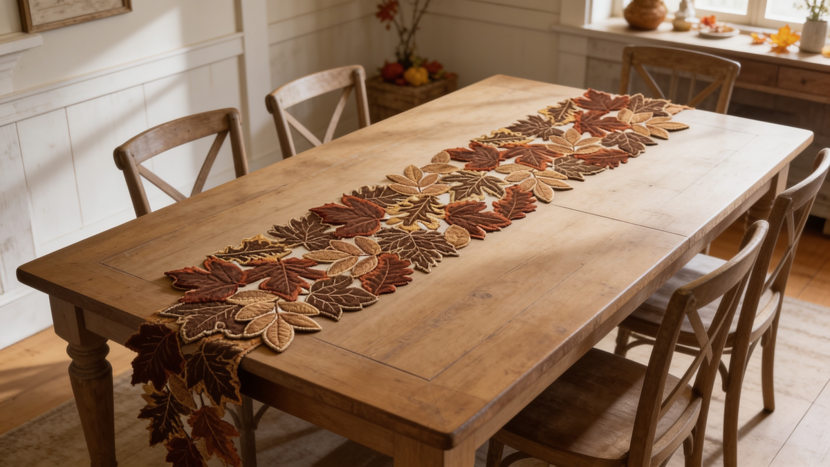 Autumn maple leaf table runner down a dining table