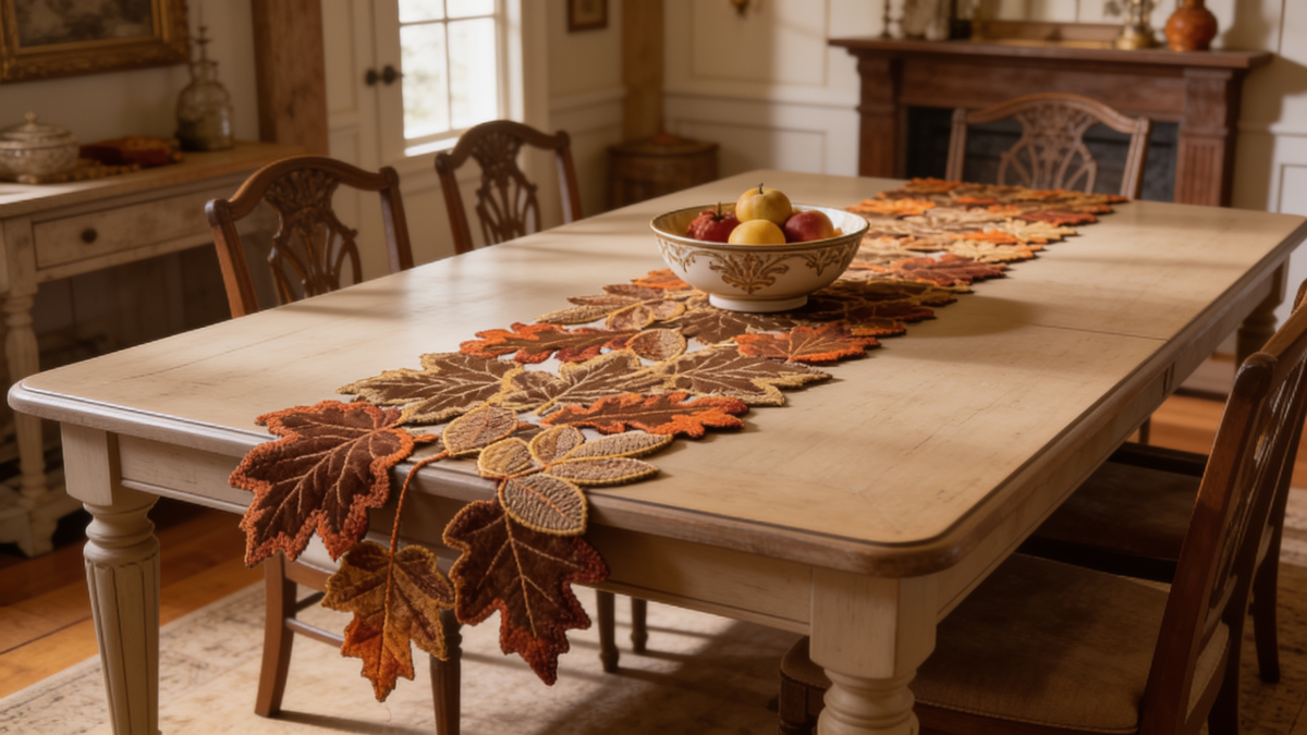 Embroidered maple leaf runner on a set fall table