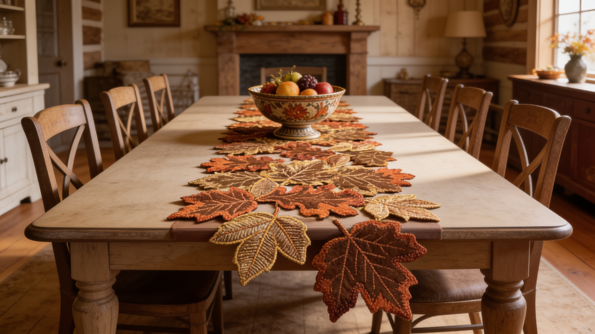 Flocked brown maple leaf detail on woven polyester runner