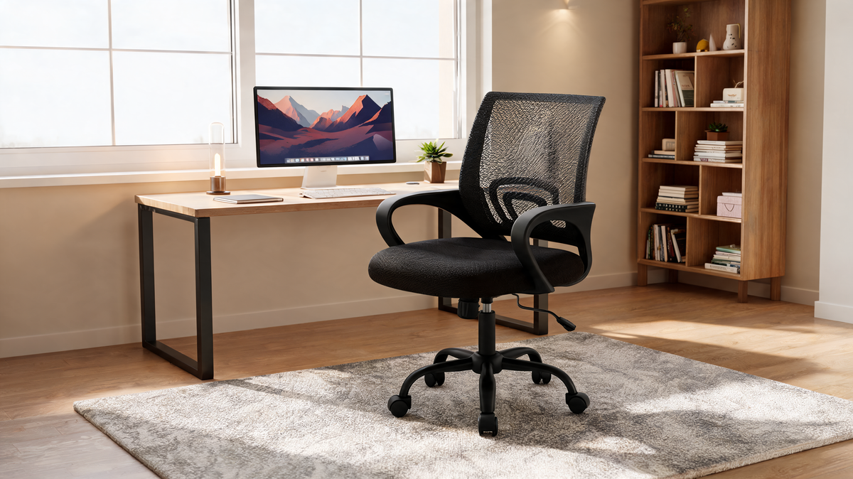 Mid back mesh office chair with contoured lumbar support at a home desk