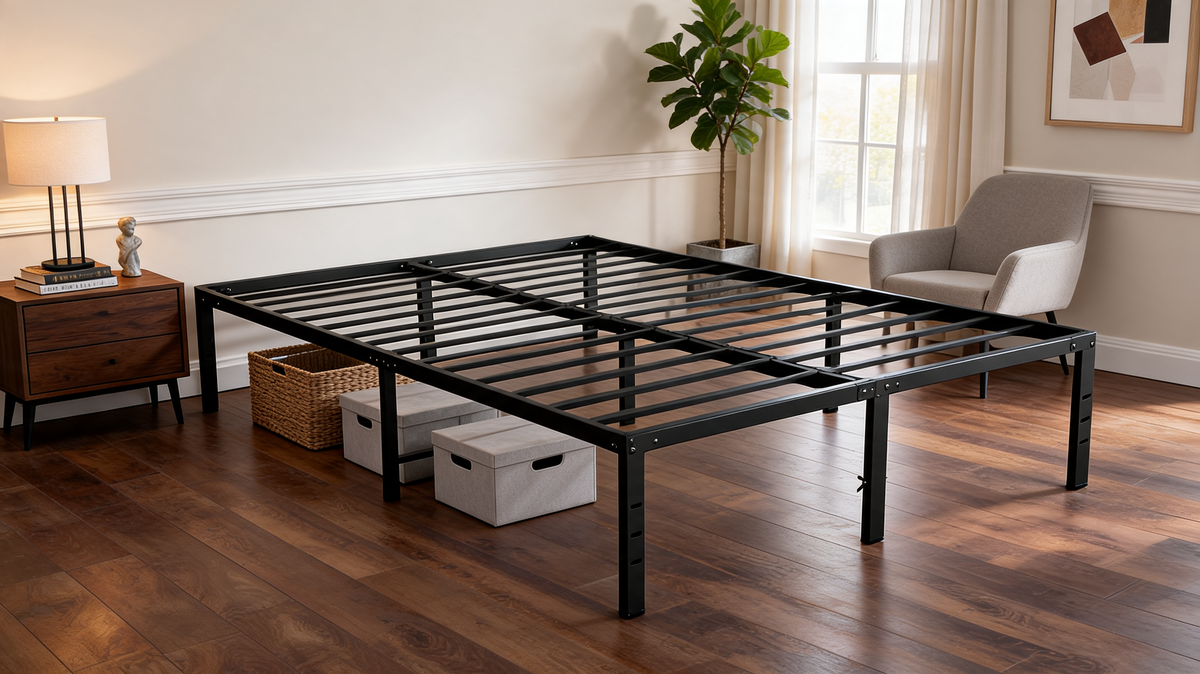 Black metal platform bed frame in a bedroom with boxes stored underneath